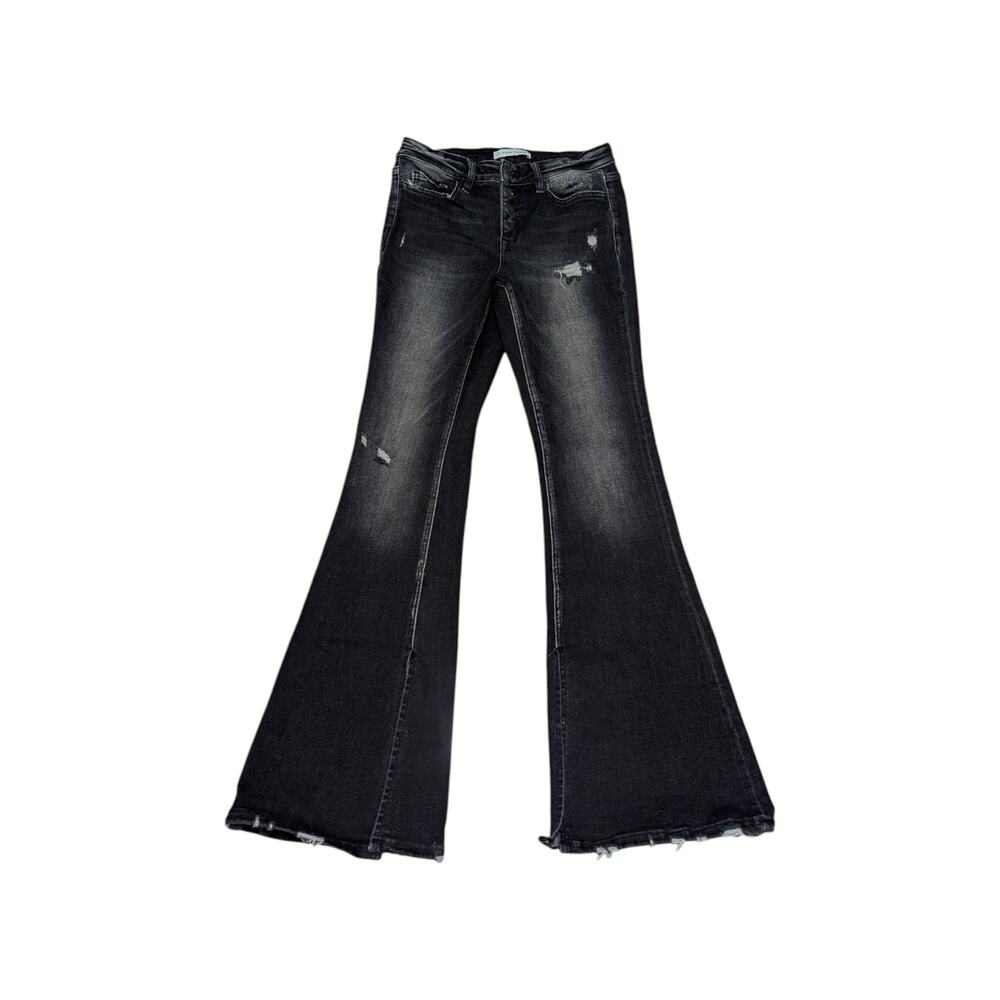 Flying Monkey Mid-Rise Flare Stretch Jeans Wind Snap Faded Chewed Hem Ripped 26